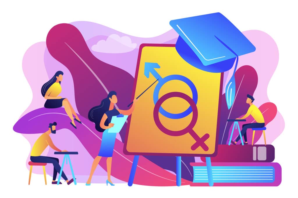 Female teacher at board giving a lesson on sexual education to students. Sex education, sexual health teaching, sex education lesson concept. Bright vibrant violet vector isolated illustration