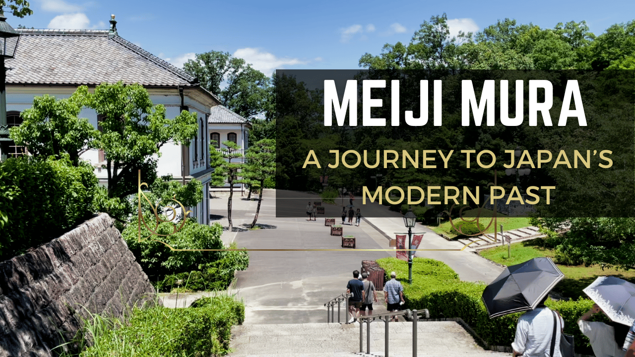 A scenic view of Meiji Mura buildings near a stone stairwell, fringed on either side by lush greenery.