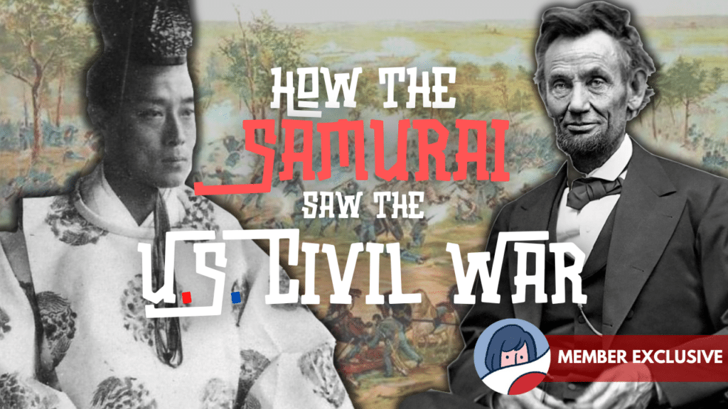 painted background feating the American civil war. Text reads "how the samurai saw the U.S. Civil War."