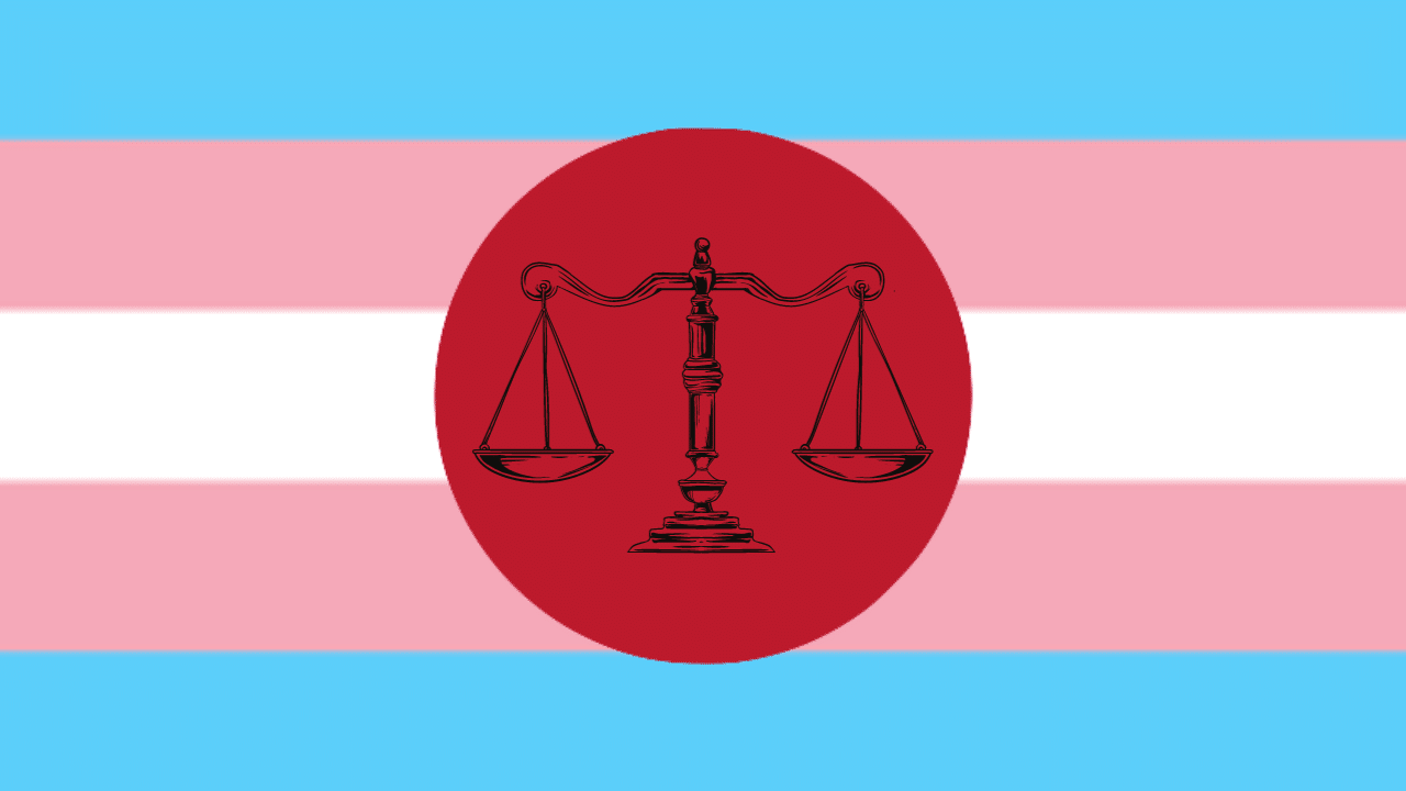 Legal scale upon the red disk of the Japanese flag, superimposed upon the transgender pride flag.