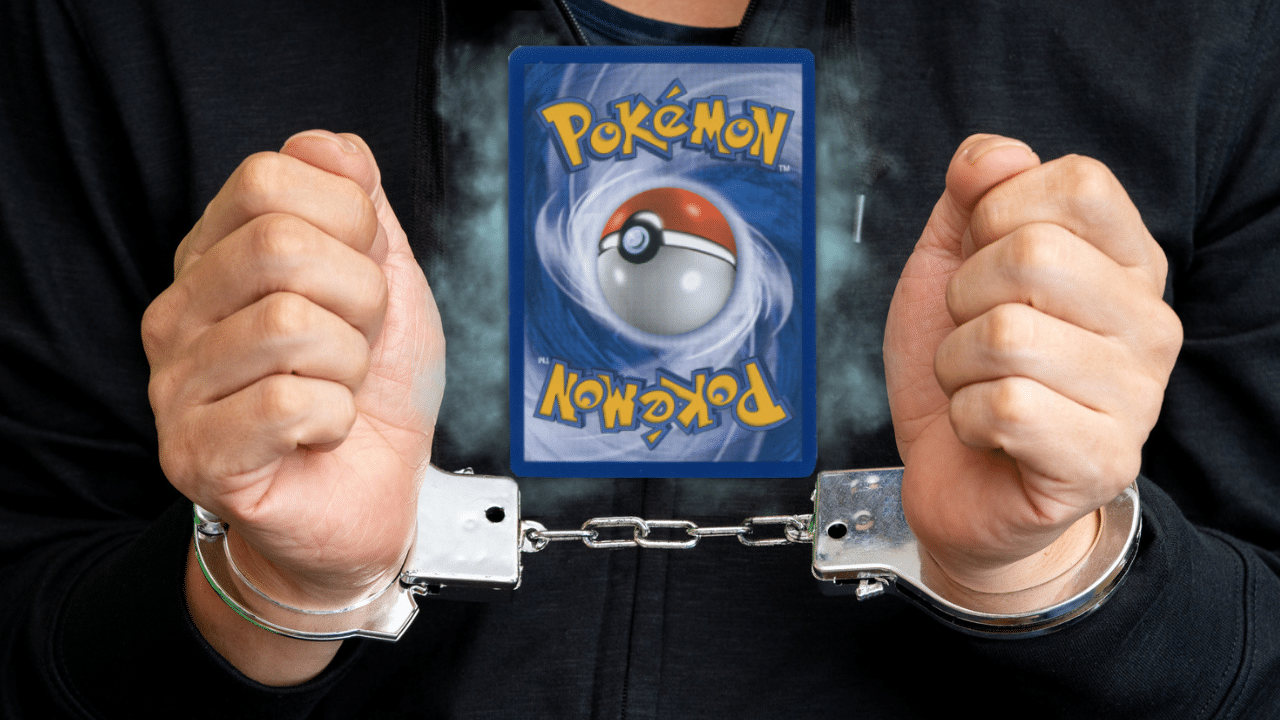 A Pokémon card superimposed over an image of hands restrained in handcuffs.