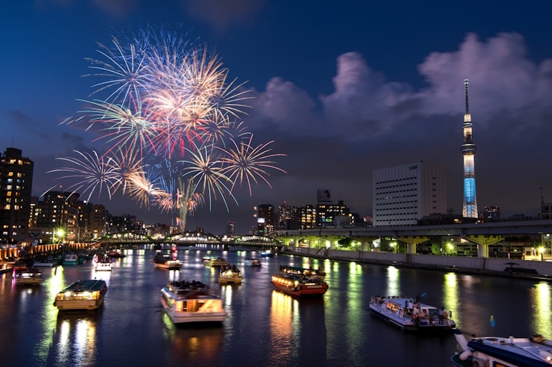 Yakatabune - boat riders watch the Sumida River Fireworks.