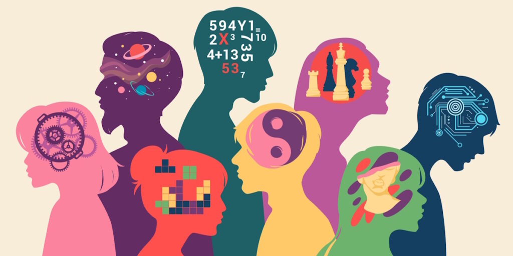 Stylized illustration of seven colorful human silhouettes in profile, each with different symbols inside their heads (gears, planets, math equations, chess pieces, music) representing diverse minds.